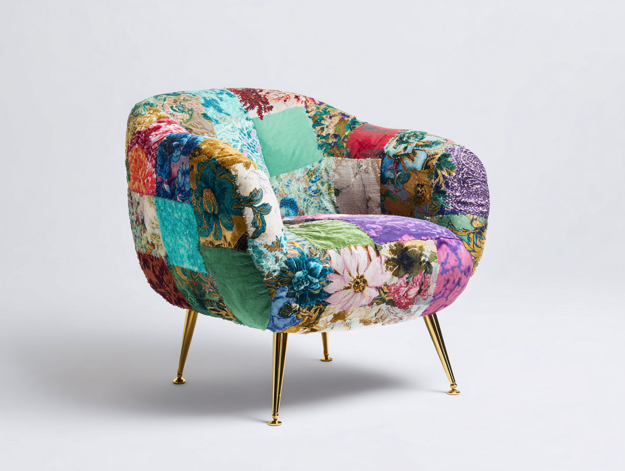 Sillón tapizado patchwork 88x82x83 cm - multicolor - diseño moderno con patas doradas