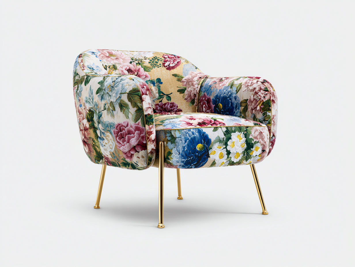 Sillón tapizado de tela floral 82x75x78 cm - multicolor y dorado - diseño decorativo