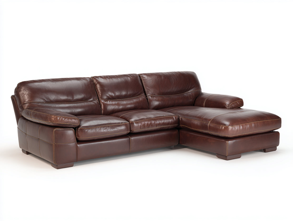 Sofá rinconero de cuero 290x185x95 cm - marrón oscuro - diseño clásico con chaise longue