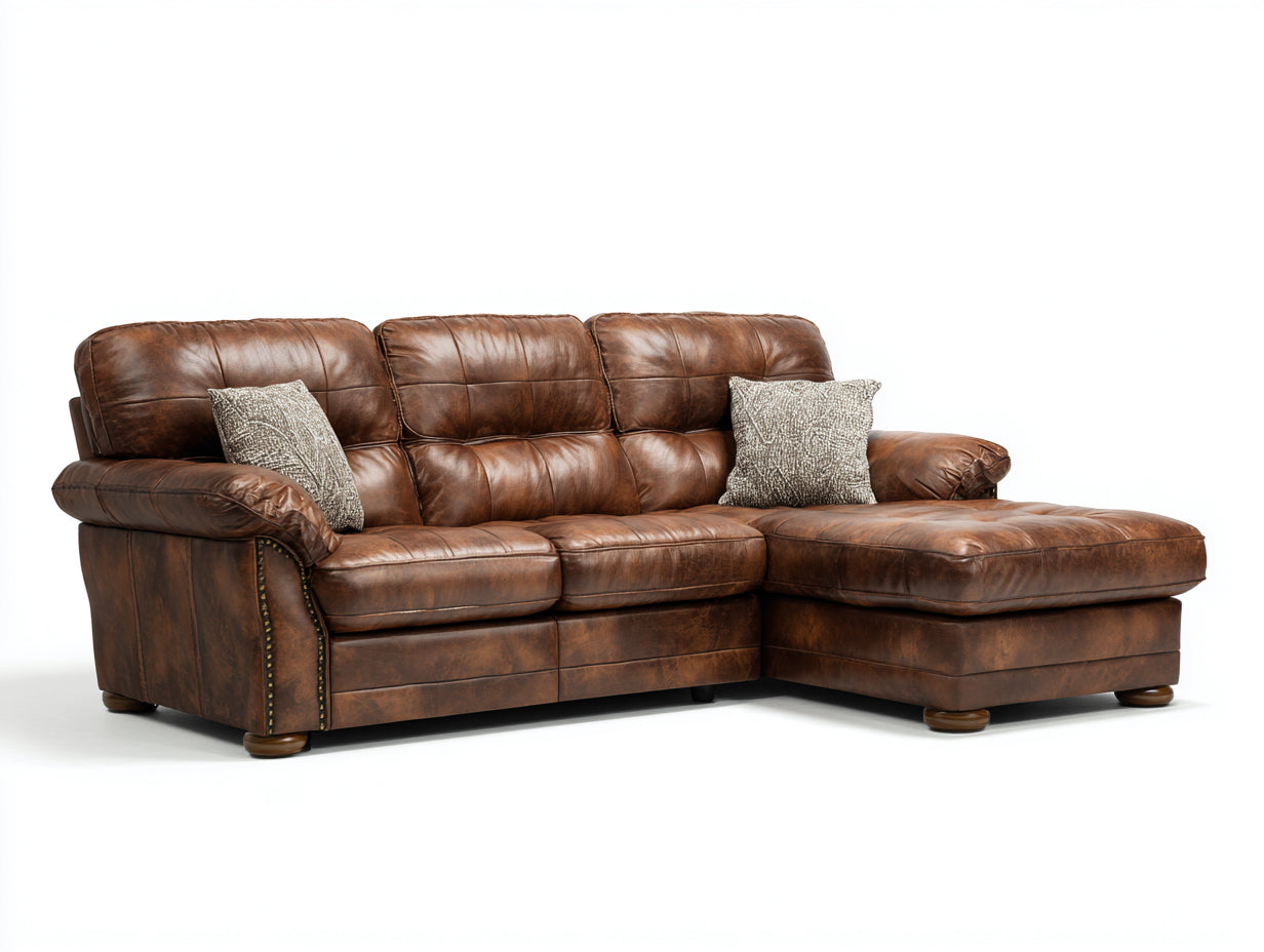 Sofá rinconero de cuero 280x180x95 cm - marrón - diseño clásico con chaise longue