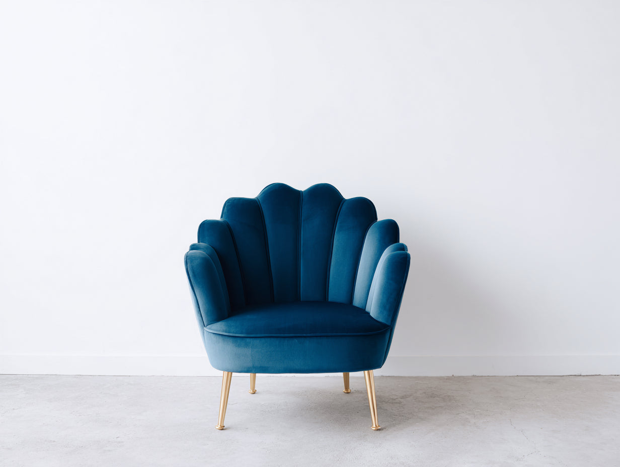 Sillón tapizado de terciopelo 88x78x84 cm - azul y dorado - diseño concha
