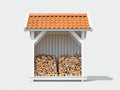 Leñero de exterior de madera 175x68x155 cm - blanco y rojo - diseño compacto con techo de tejas