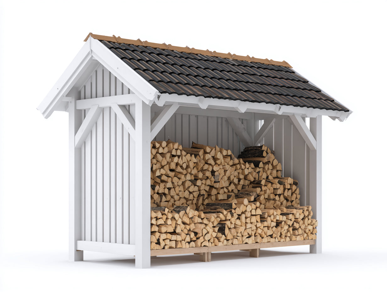 Leñero de exterior de madera 240x95x185 cm - blanco negro y natural - tejado cubierto