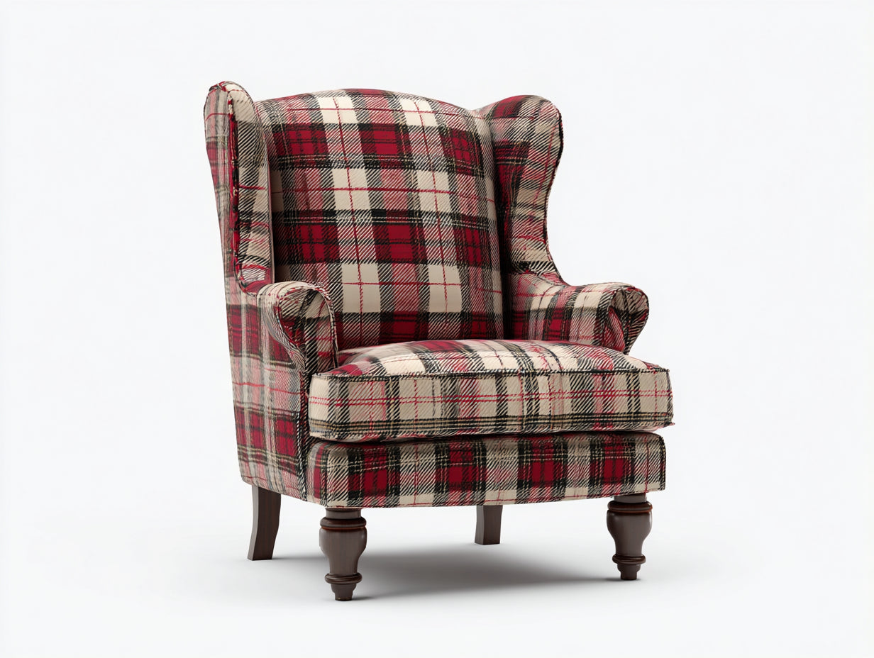 Sillones tapizados de tela escocesa 92x84x108 cm - rojo-beige-negro - estilo clásico para salón