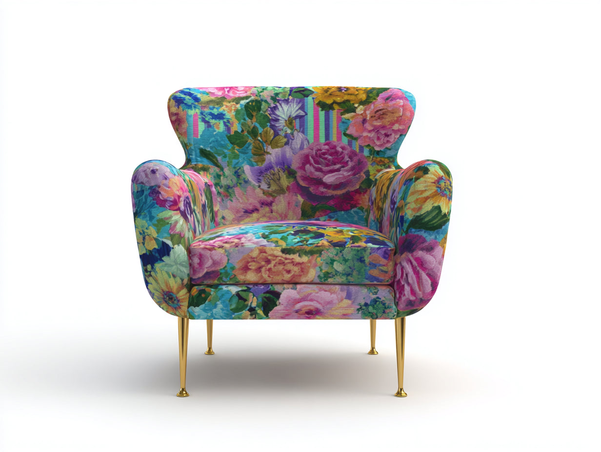 Sillón tapizado floral 85x80x90 cm - multicolor - diseño moderno con patas doradas