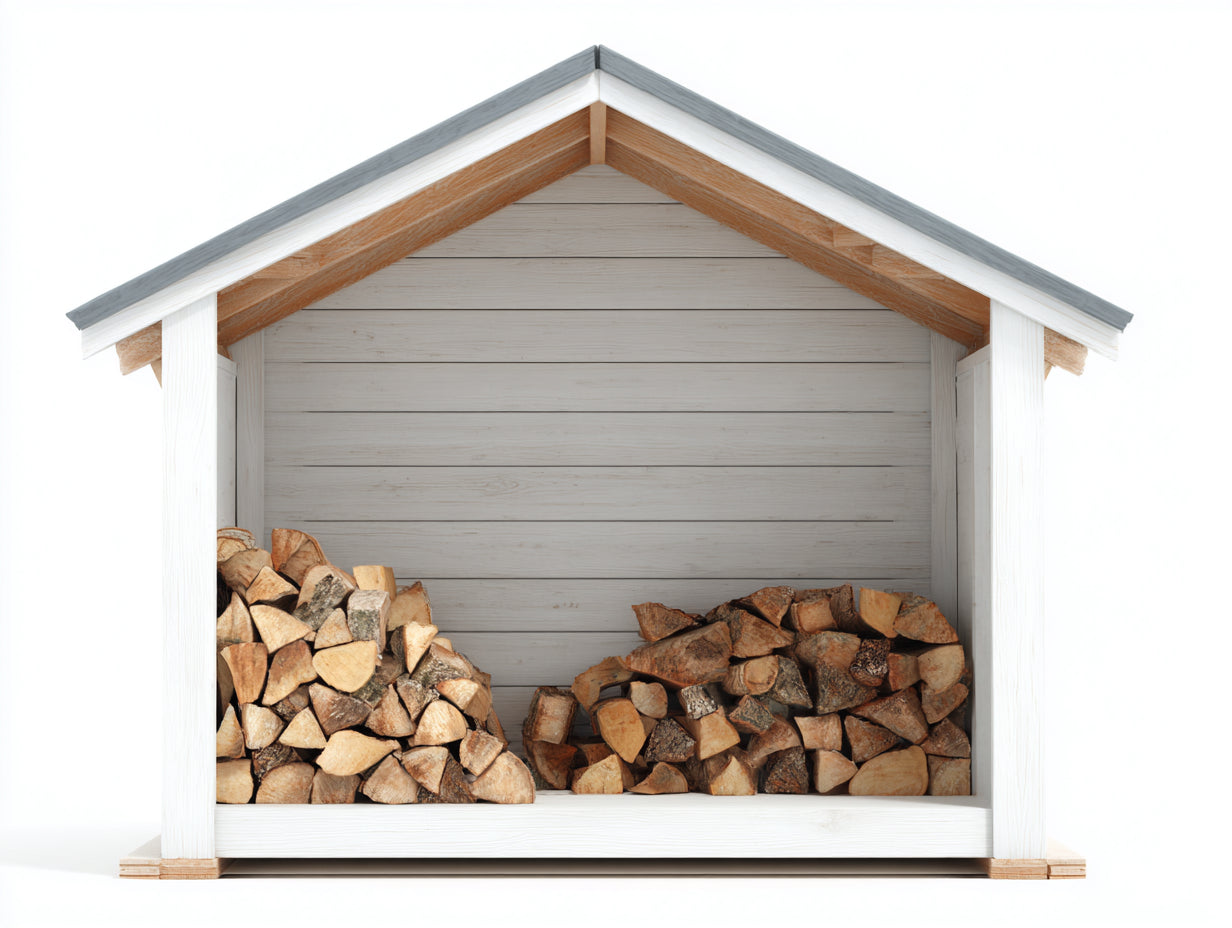 Leñero de exterior de madera 190x72x165 cm - blanco y gris - diseño con techo a dos aguas