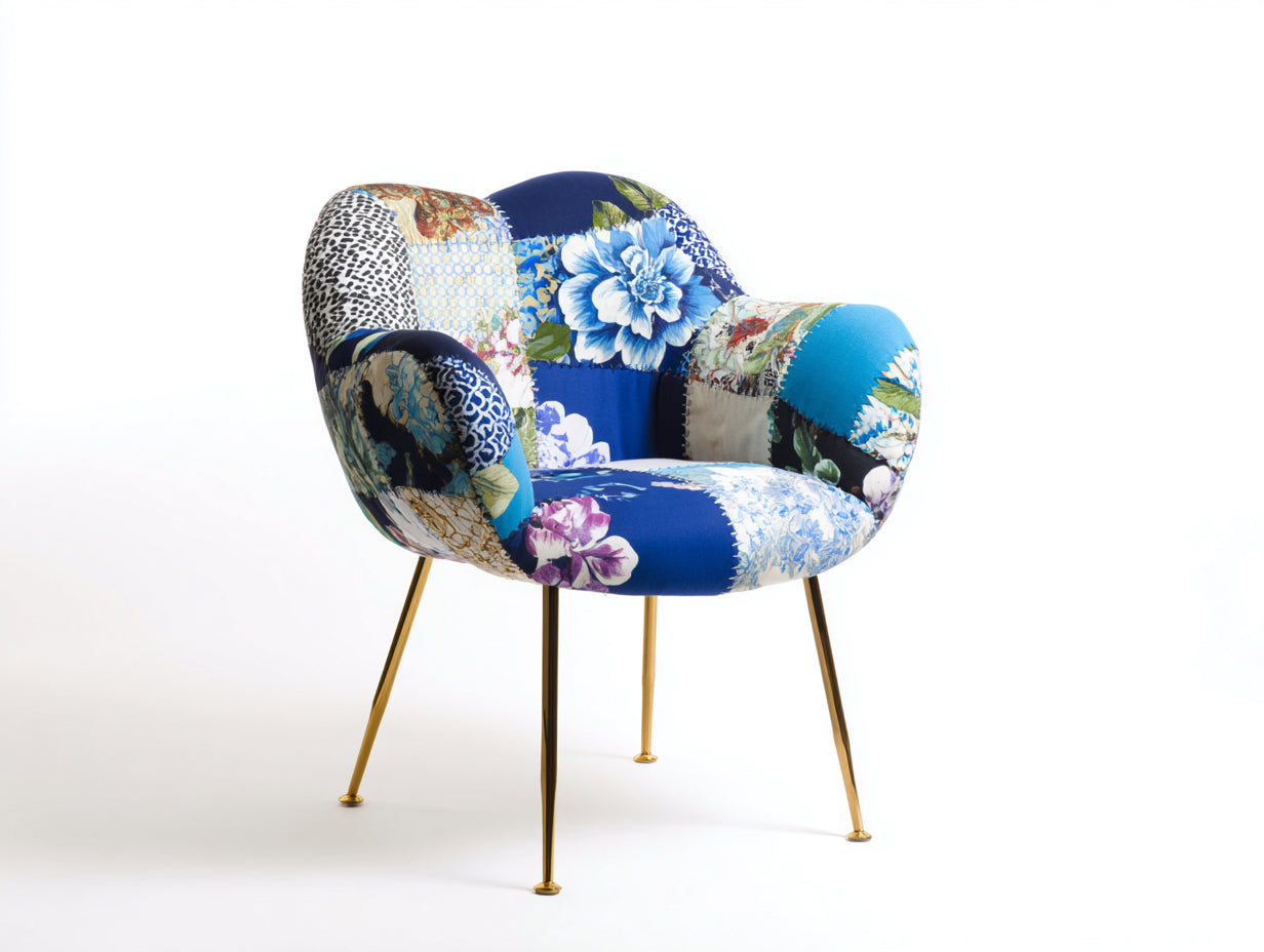 Sillones tela estampada 78x72x86 cm - Azul-Blanco-Multicolor-Dorado - Diseño artístico contemporáneo