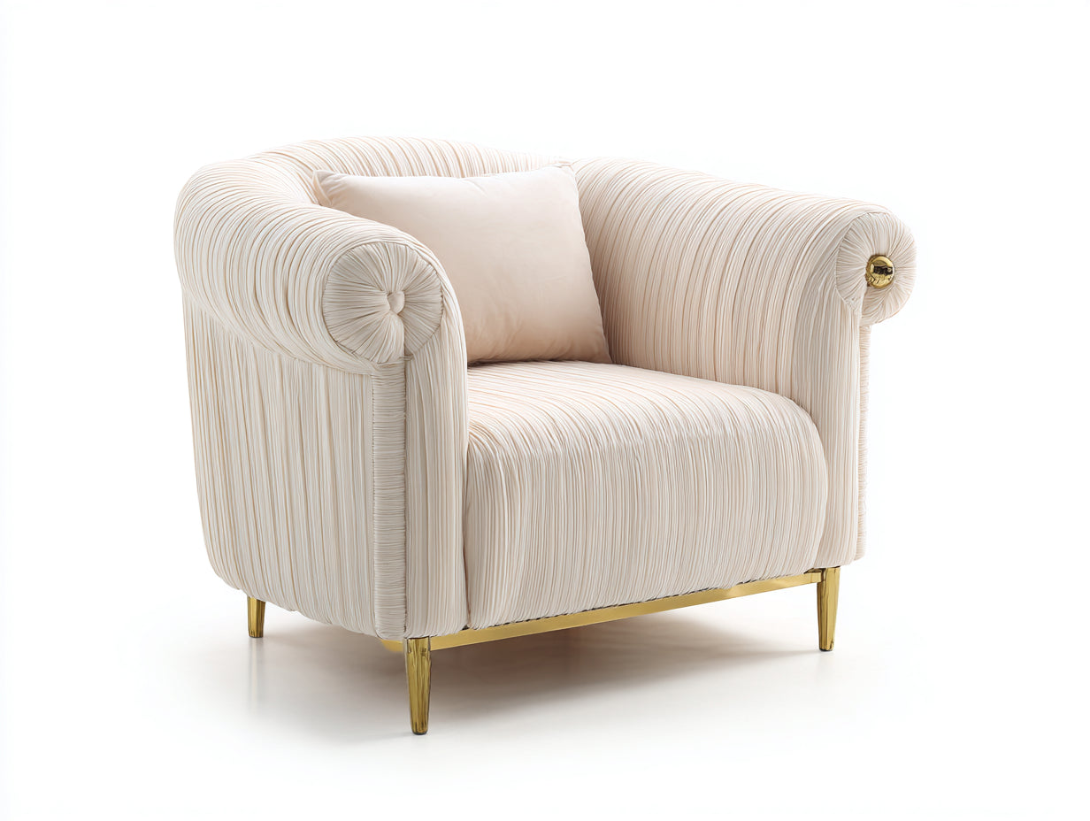 Sillón tapizado de tela plisada 95x86x78 cm - crema y dorado - brazos enrollados