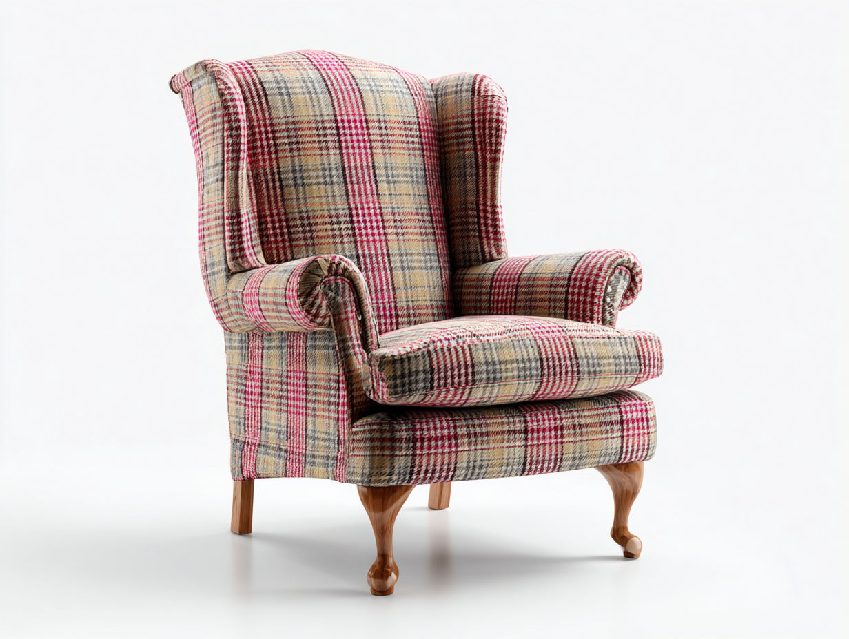 Sillón orejero tapizado 82x78x105 cm - beige y rojo - diseño clásico de cuadros