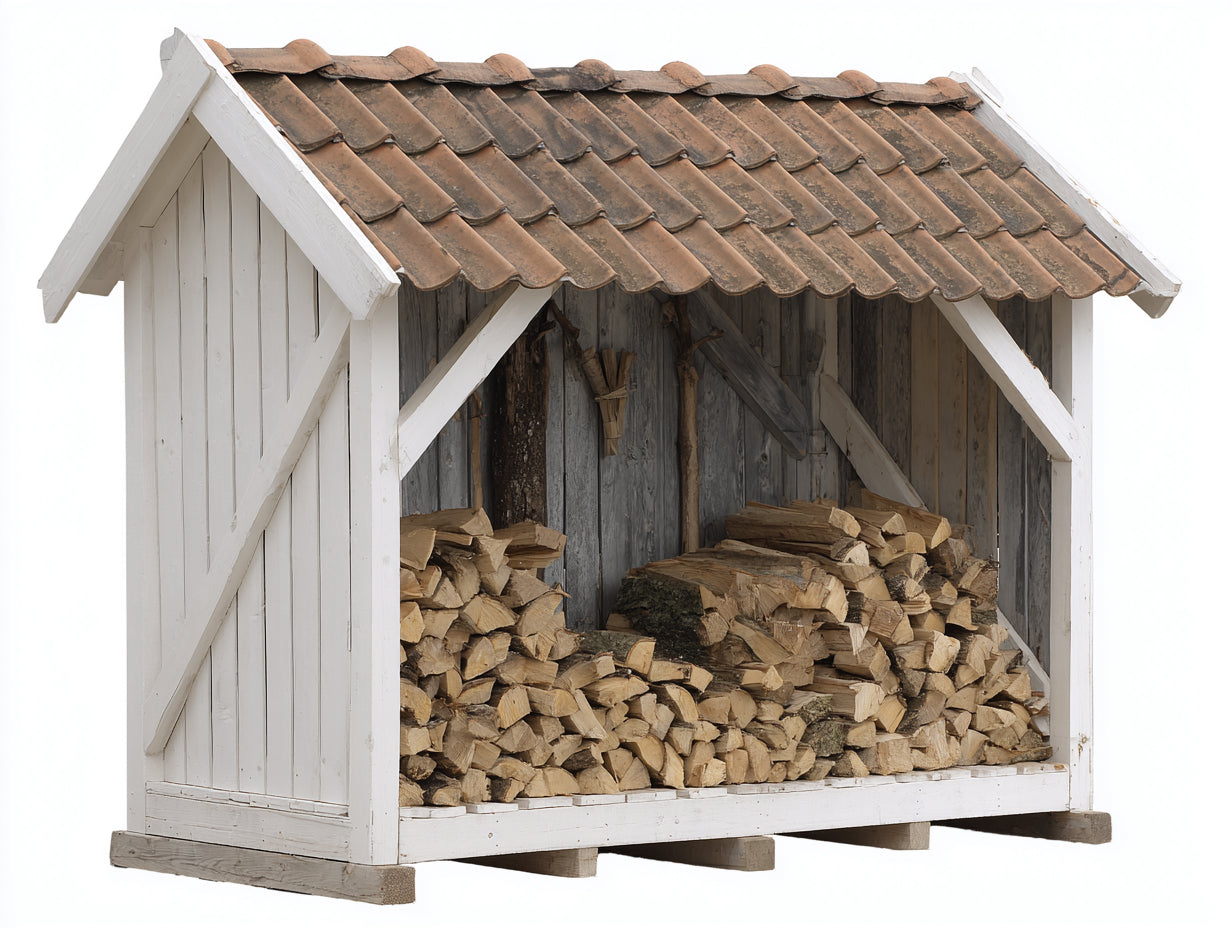 Leñero de exterior de madera 220x90x180 cm - blanco y marrón - tejado cubierto